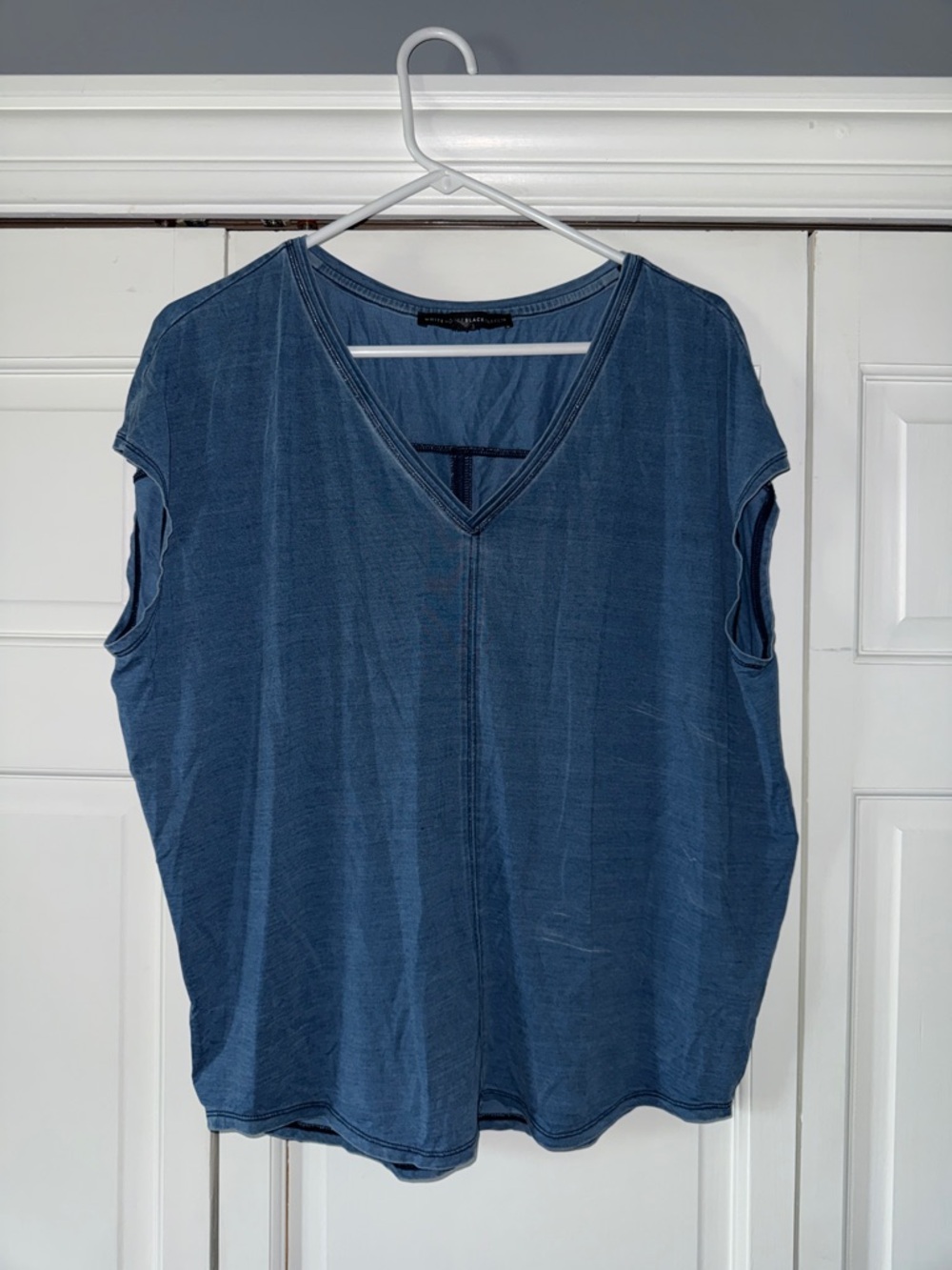 White House Black Market Denim Blue V-Neck Short Sleeve Top